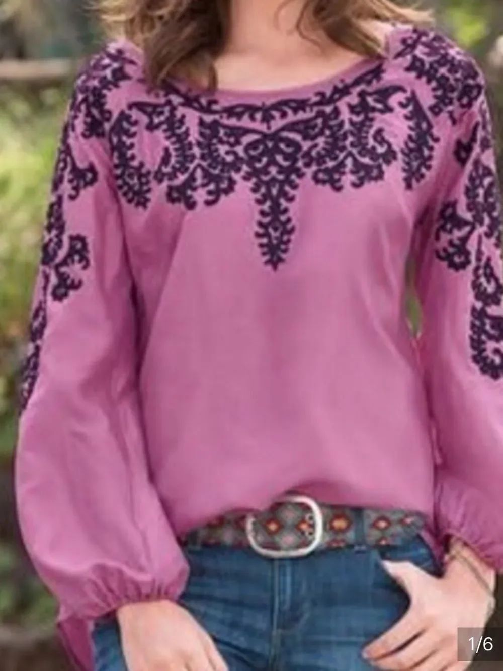 Sundance Nadia Silk Embroidered Blouse Pink Navy Blue Large FLAW